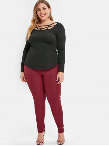 

Back Pockets Plus Size Elastic Waist Pants, Red wine
