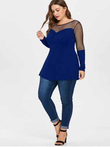 

Long Sleeve Plus Size Fishnet Panel Tunic Tee, Denim dark blue