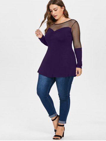 

Long Sleeve Plus Size Fishnet Panel Tunic Tee, Purple iris