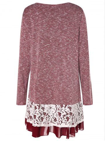 

Plus Size Lace Insert Layered Tunic Knitwear, Red wine
