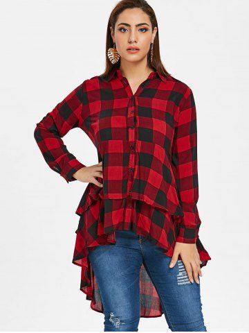 

Plus Size Tartan Flounce High Low Shirt, Red wine