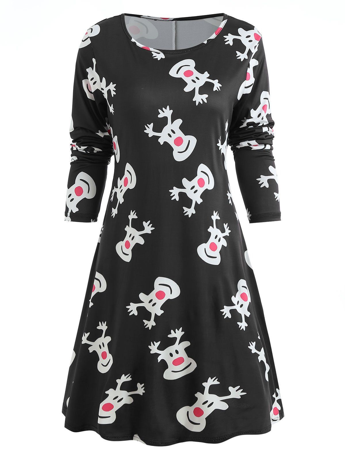 

Christmas Elk Print Long Sleeve Dress, Black
