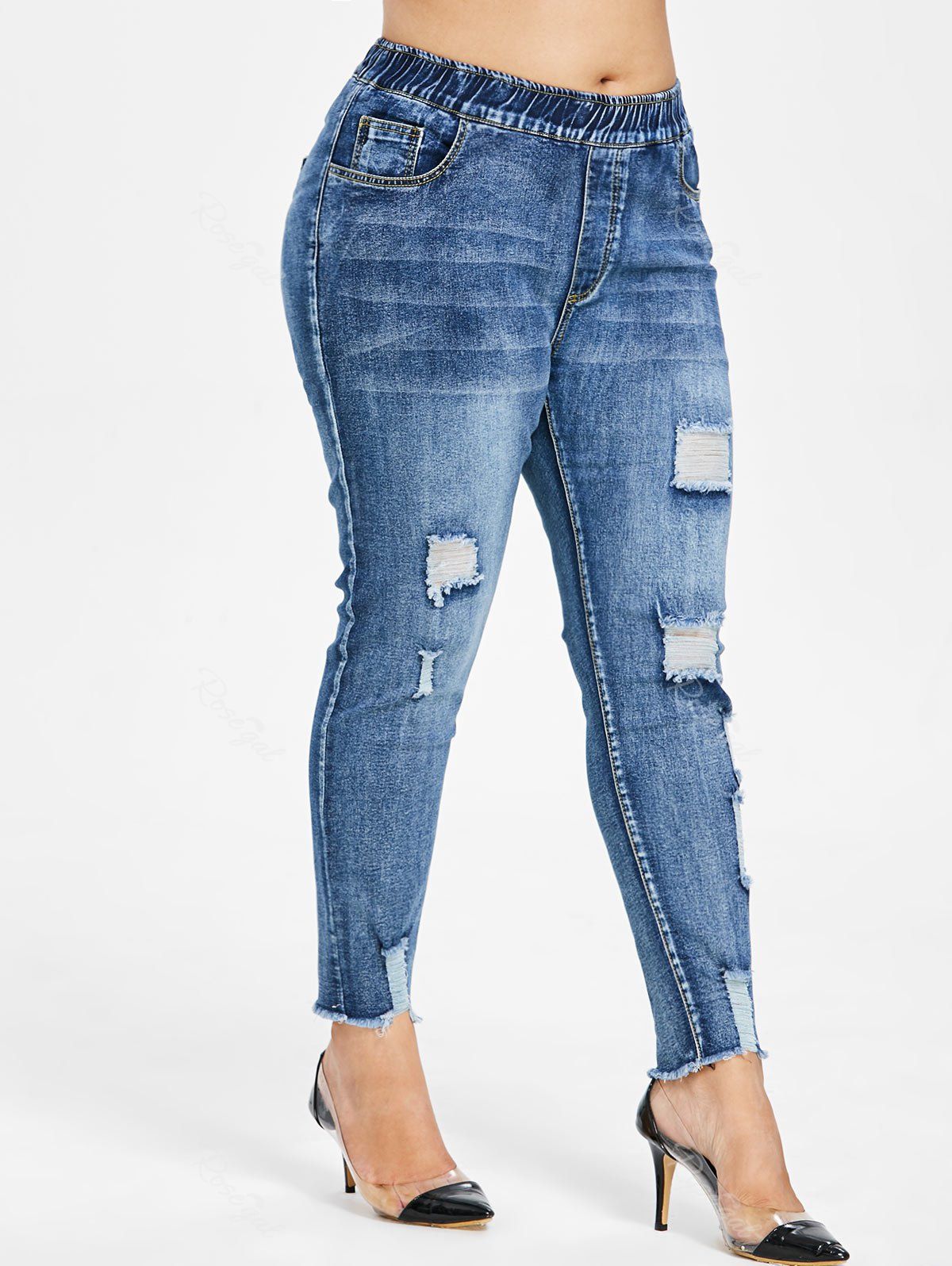 

Plus Size Distressed Pocket Jeans, Denim blue