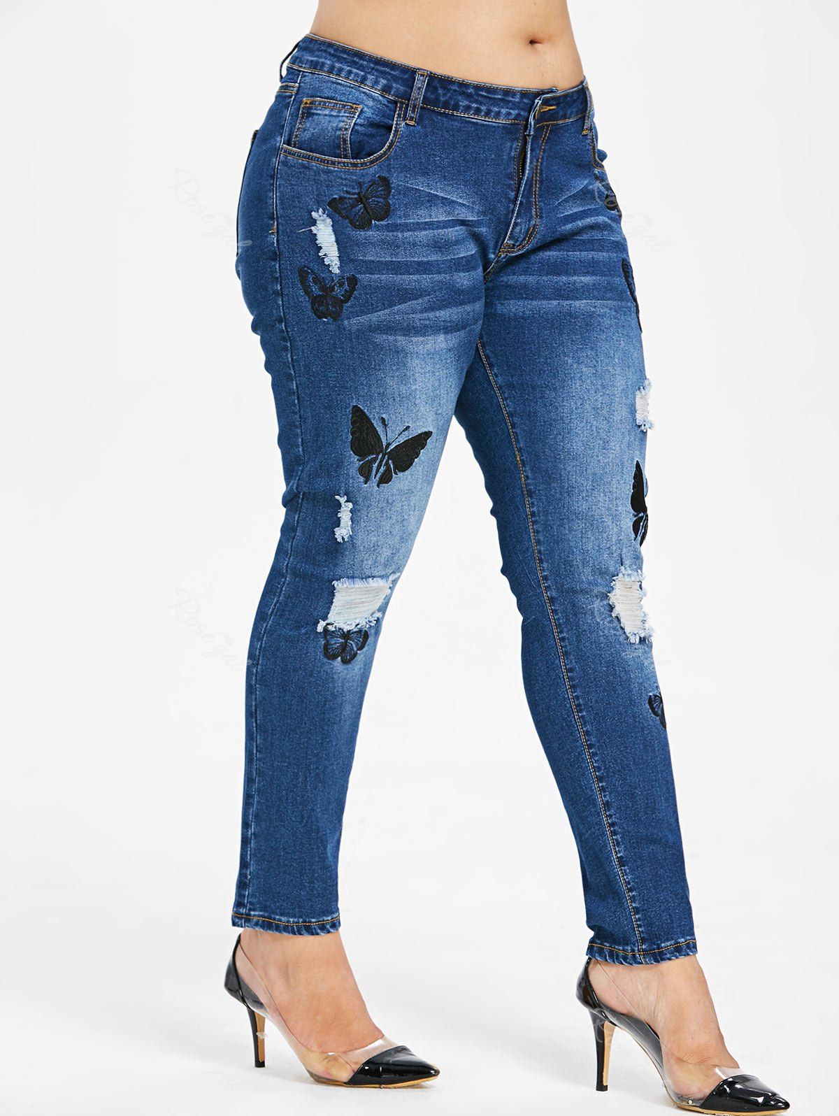 

Plus Size Butterfles Embroidery Destroyed Jeans, Denim blue