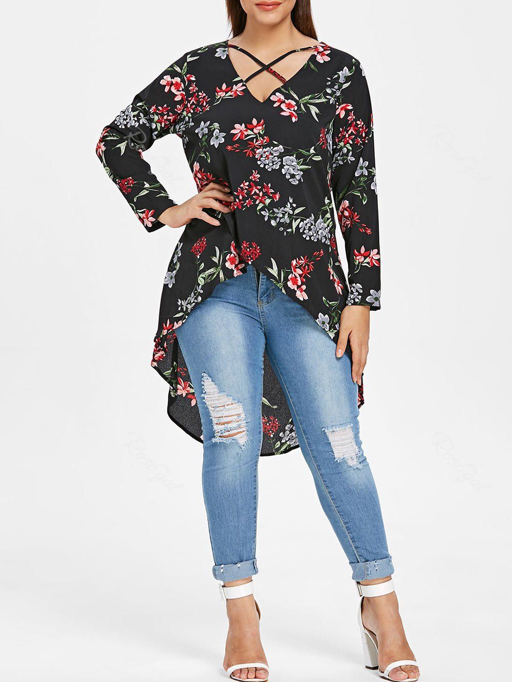 

Plus Size Criss Cross Floral High Low Blouse, Black