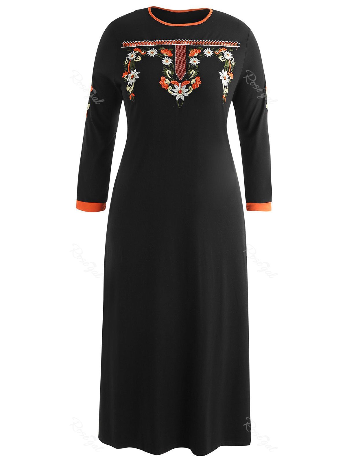 

Plus Size Long Sleeves Floral Embroidered Maxi Dress, Black