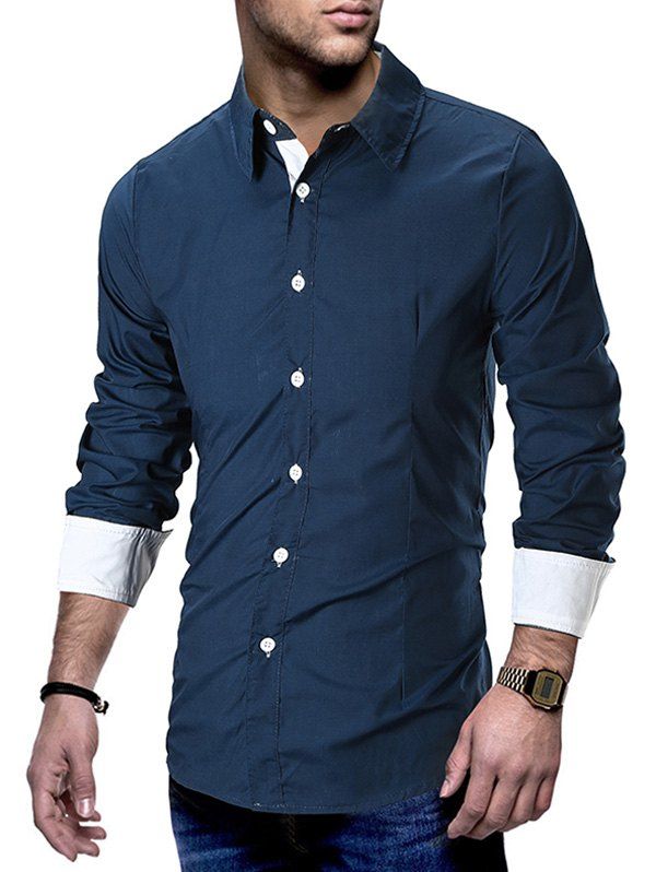 

Color Block Button Up Casual Shirt, Cadetblue