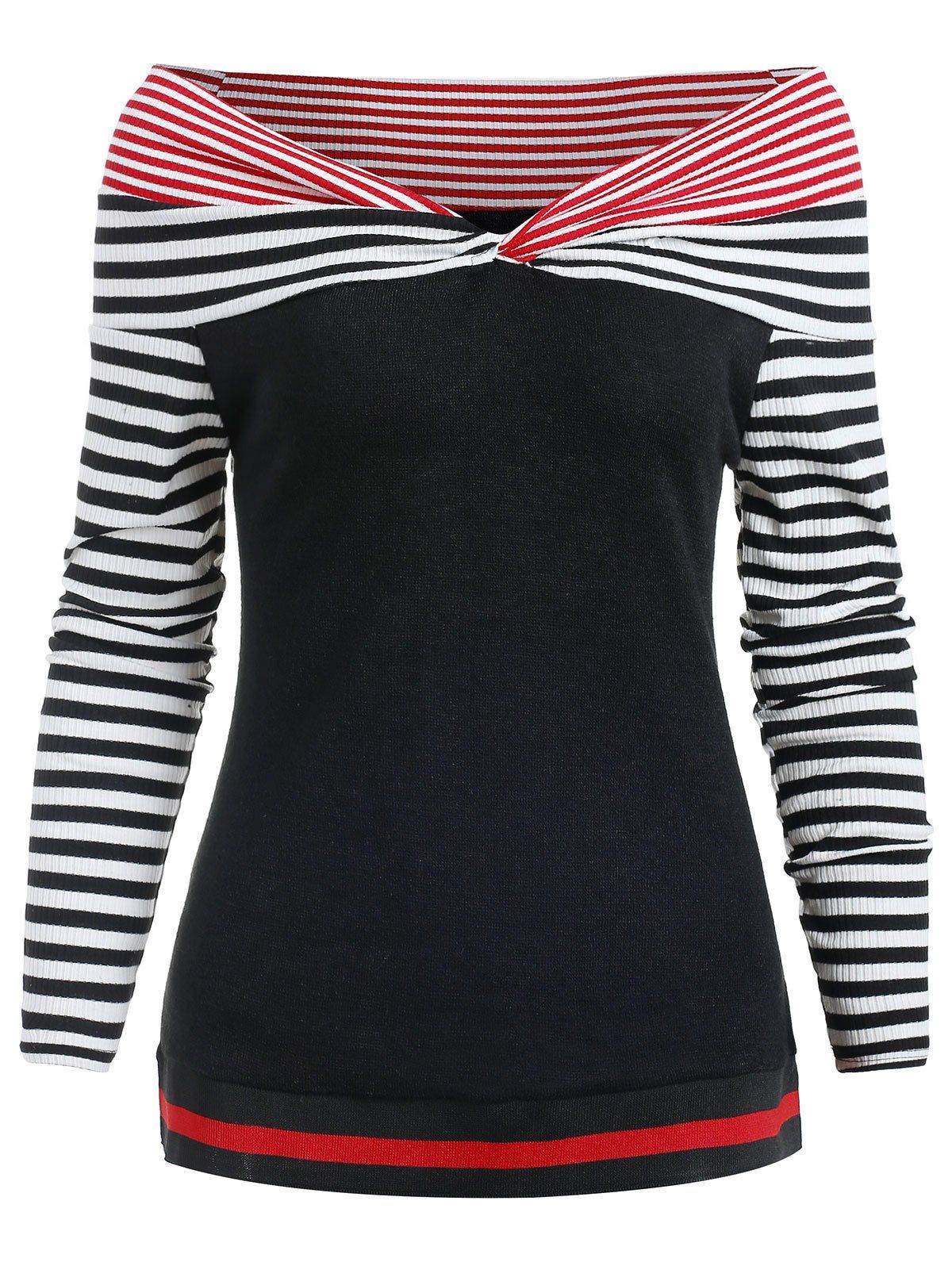 

Stripe Trim Bare Shoulder Knitwear, Black
