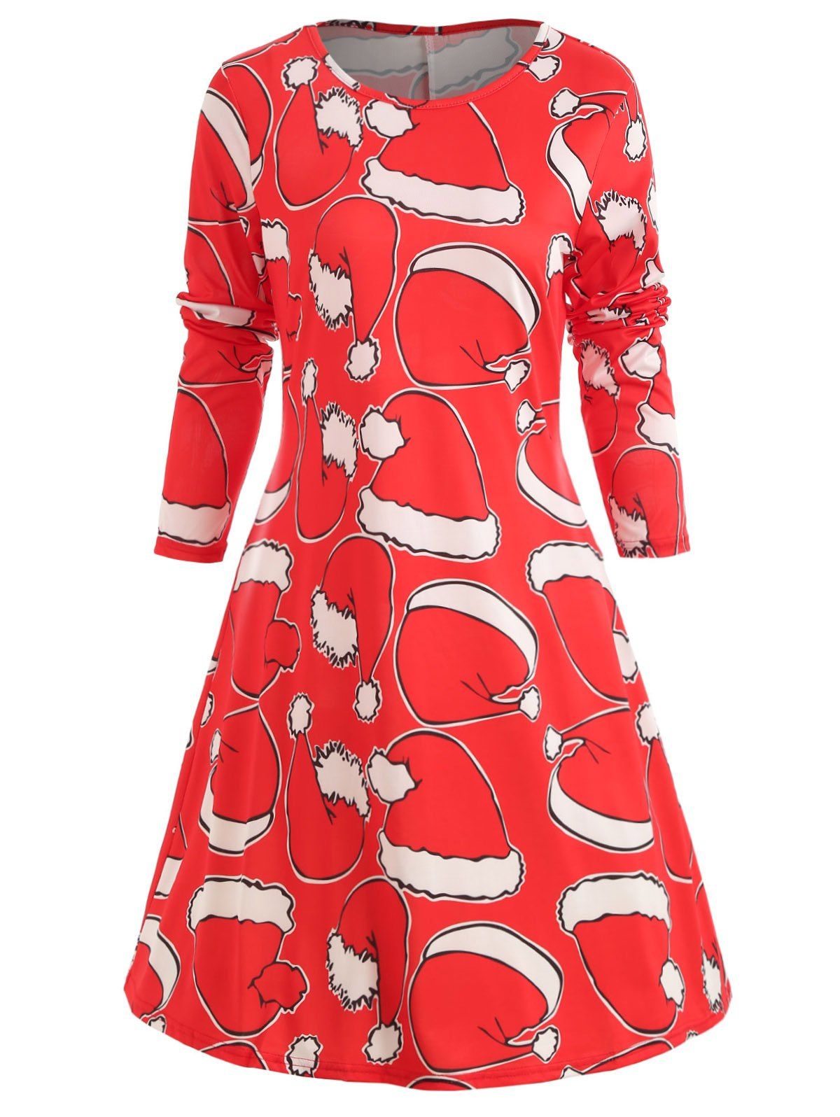 

Christmas Hat Print Long Sleeve Dress, Ruby red