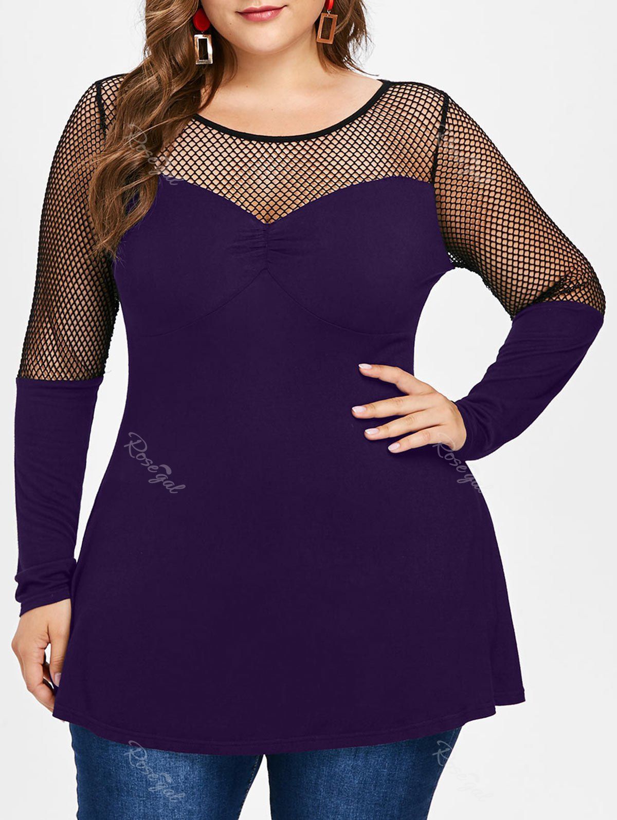

Long Sleeve Plus Size Fishnet Panel Tunic Tee, Purple iris