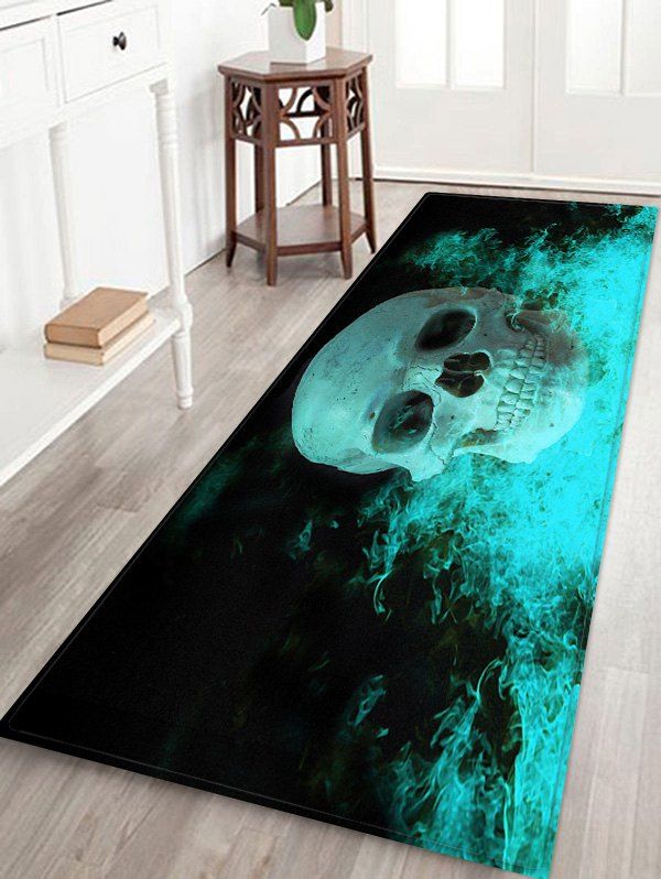 

3D Skull Printed Decorative Floor Mat, Peacock blue