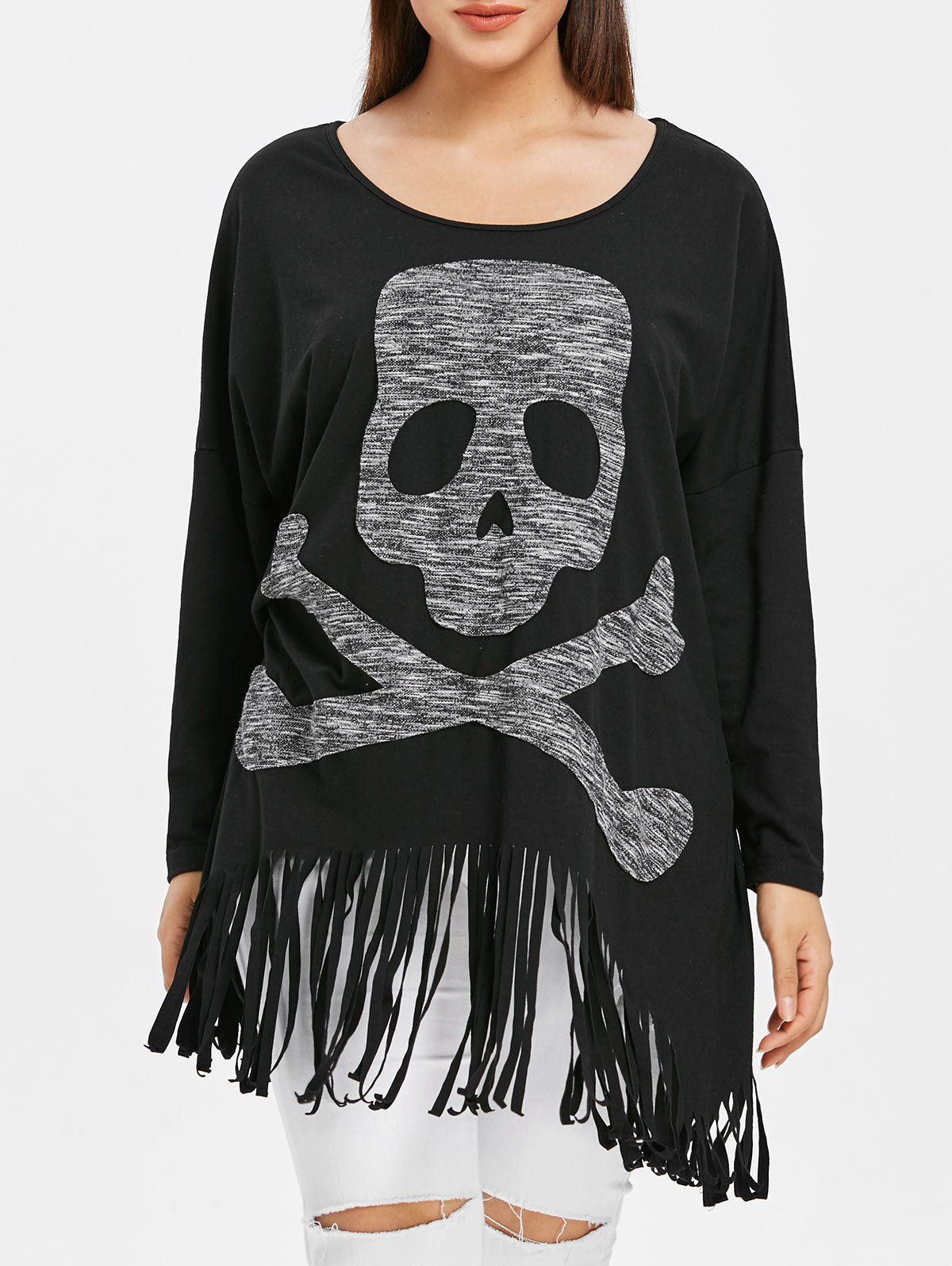 

Halloween Skull Pattern Plus Size Tassel Hem T-shirt, Black