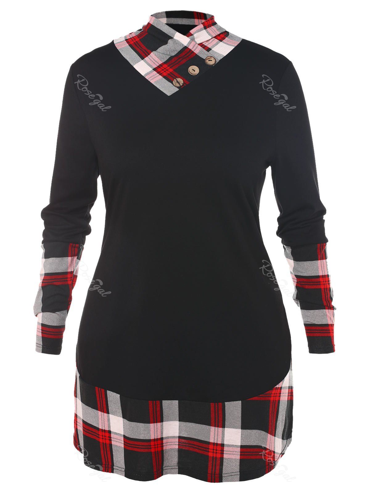 

Plus Size Plaid Insert Longline Tee with Buttons, Multi