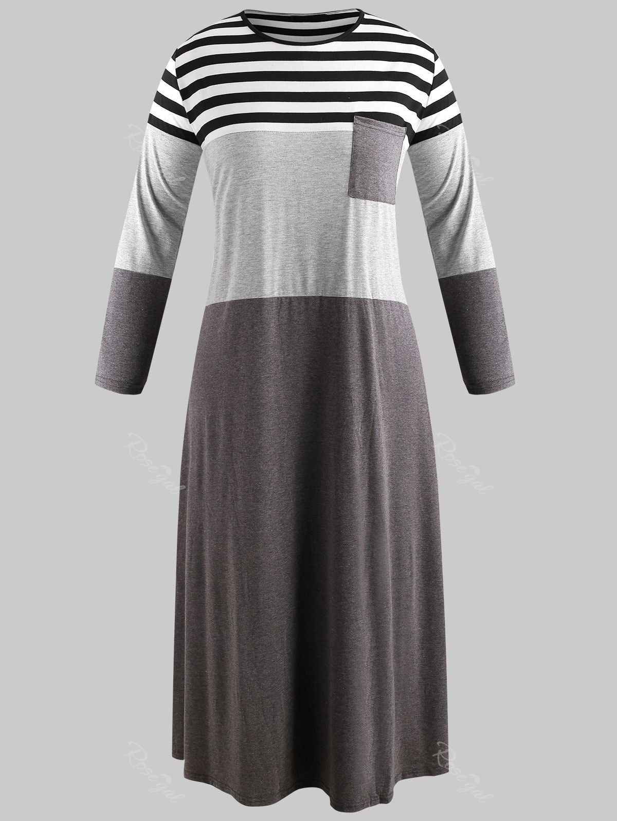 

Plus Size Pocket Striped Long Casual Dress, Multi