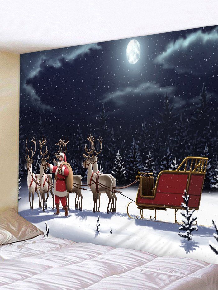 

Christmas Elk Sleigh Print Wall Tapestry, Midnight blue