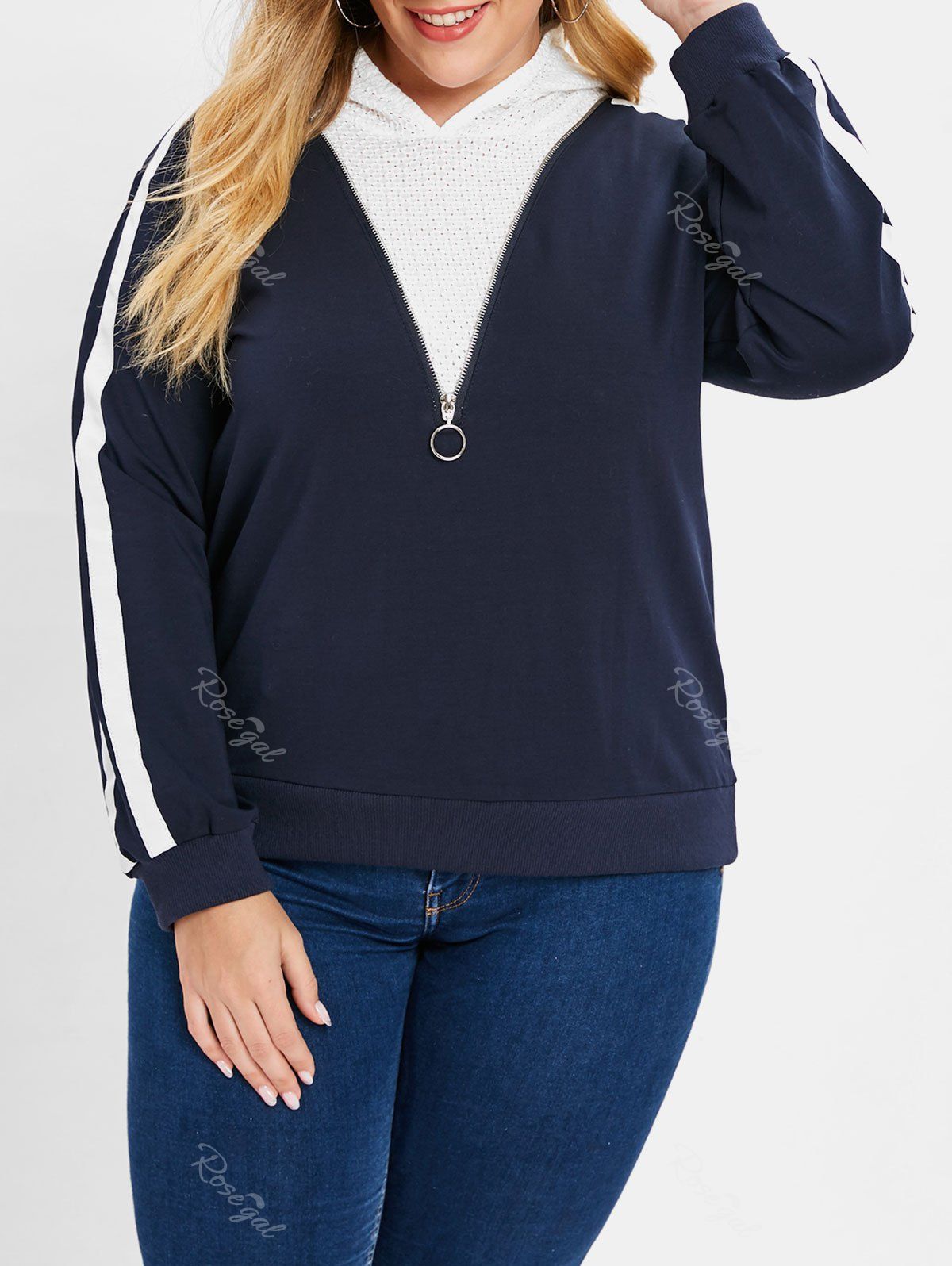 

Plus Size Striped Side Zipper Hoodie, Cadetblue