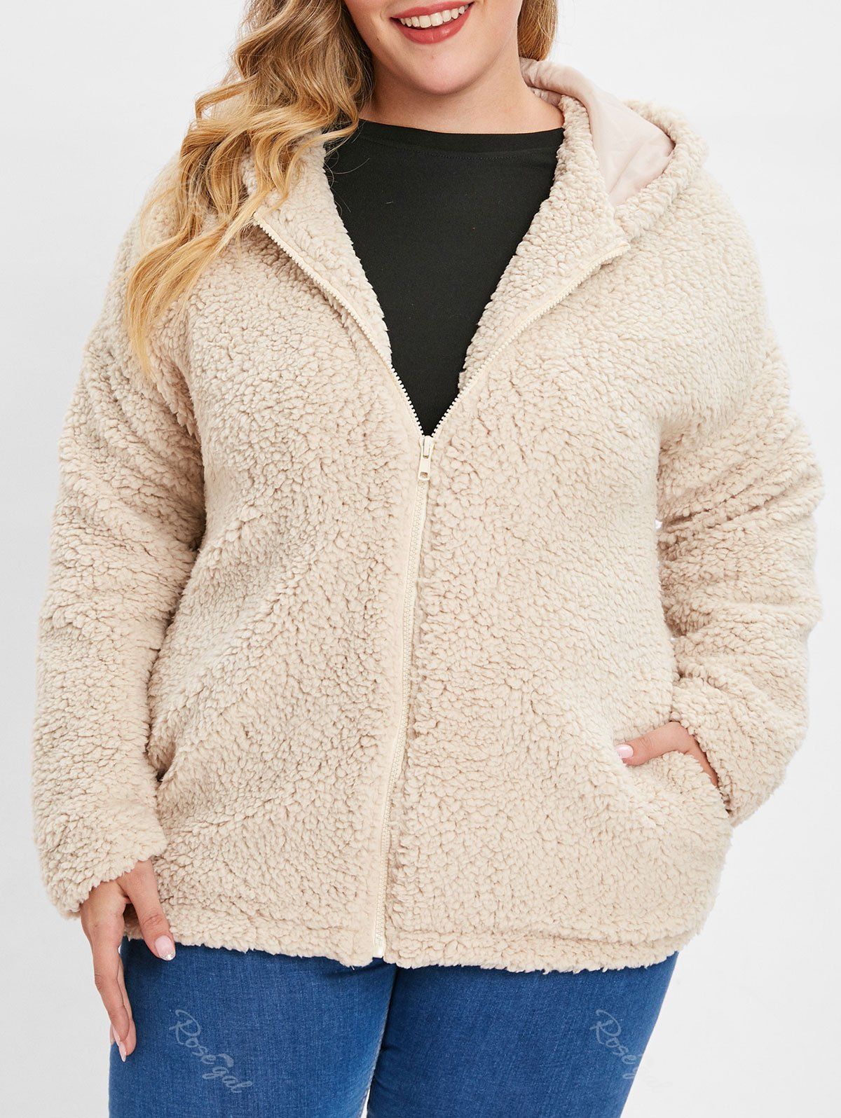 

Zip Plus Size Fluffy Hooded Coat, Light khaki