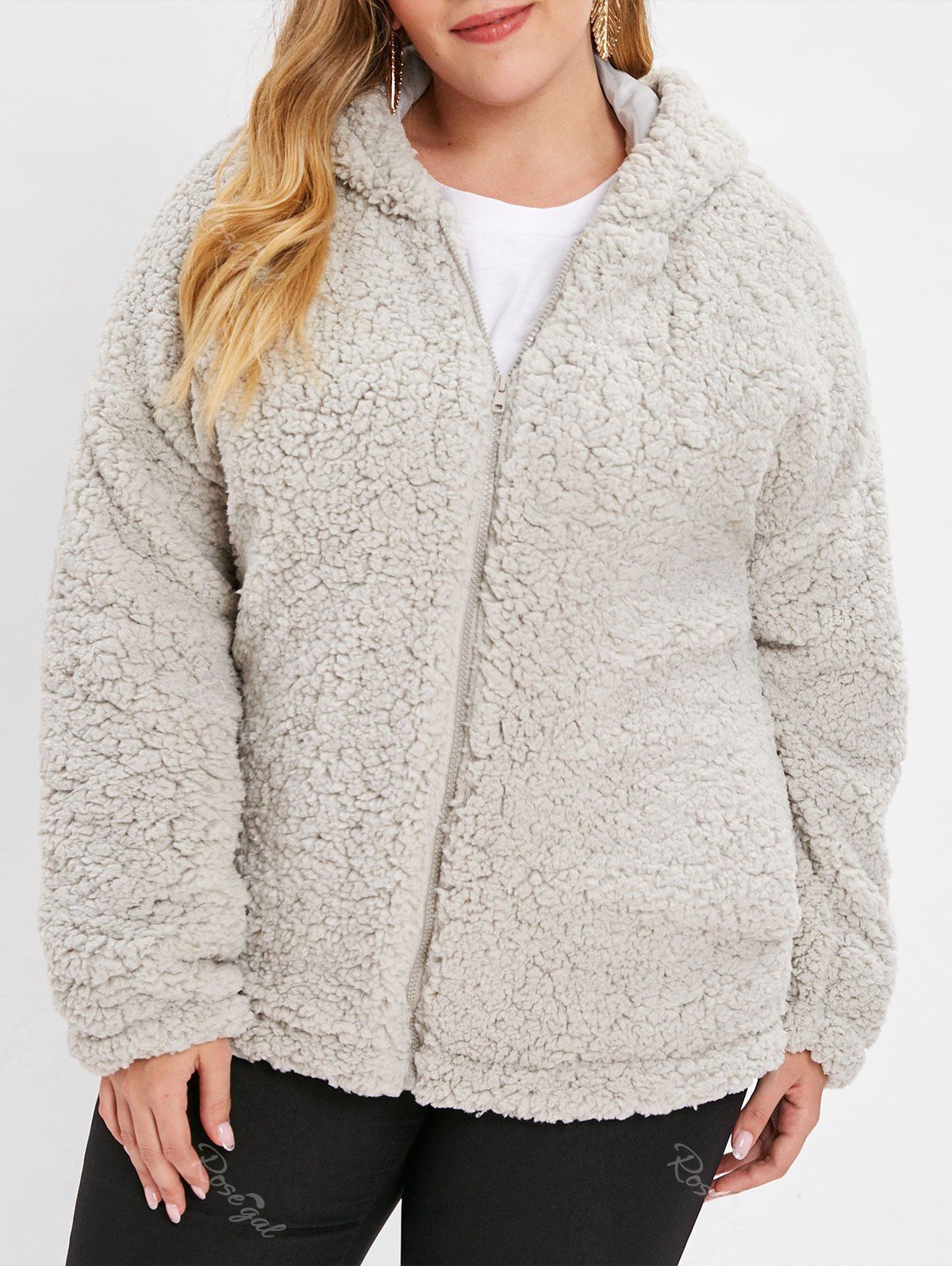 

Zip Plus Size Fluffy Hooded Coat, Light gray