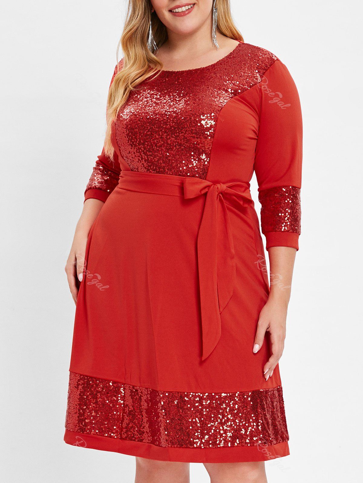 

Sequin Embellished Plus Size Knee Length Dress, Red