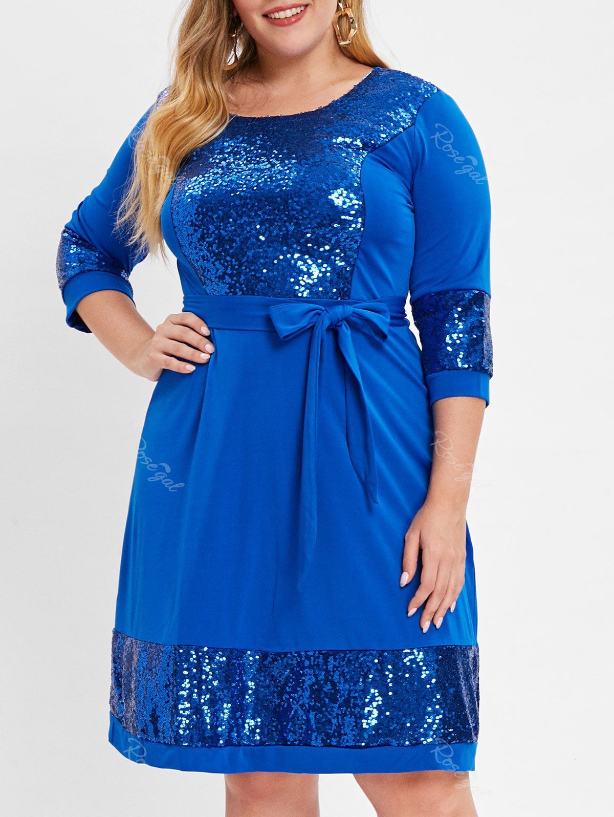 

Sequin Embellished Plus Size Knee Length Dress, Blue