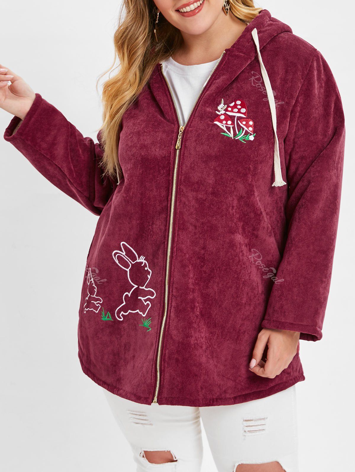 

Rabbit Print Plus Size Zip Up Coat, Red wine