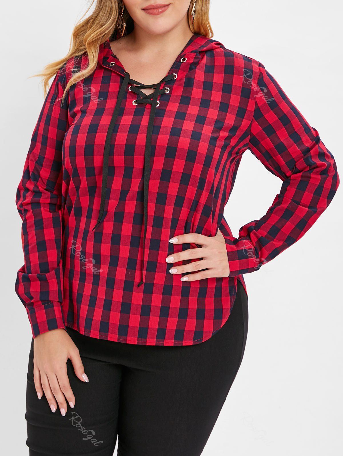 

Plus Size Pullover Hoodie with Lace Up, Red