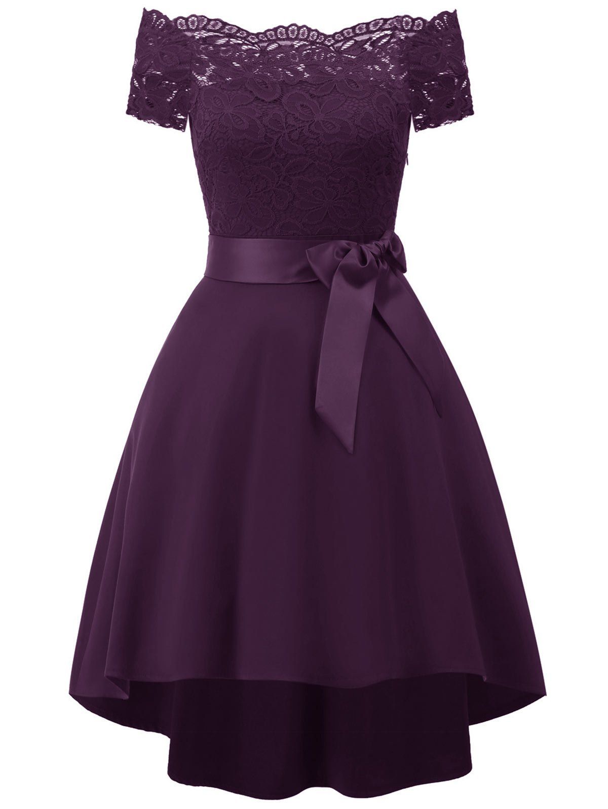 

Off Shoulder Lace Panel High Low Dress, Plum purple
