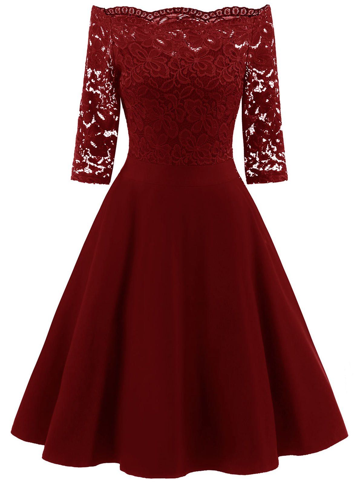 

Off Shoulder Floral Lace Panel Dress, Red wine