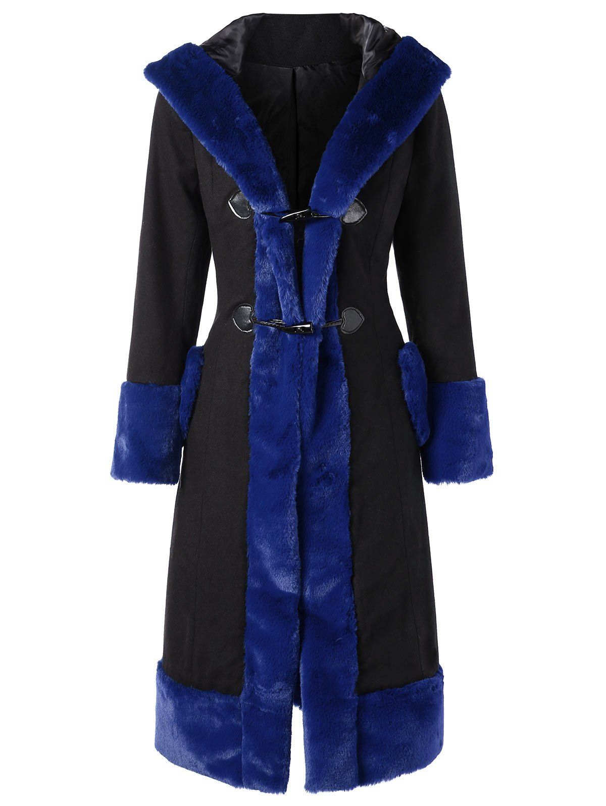 

Horn Button Faux Fur Trim Long Coat, Blue