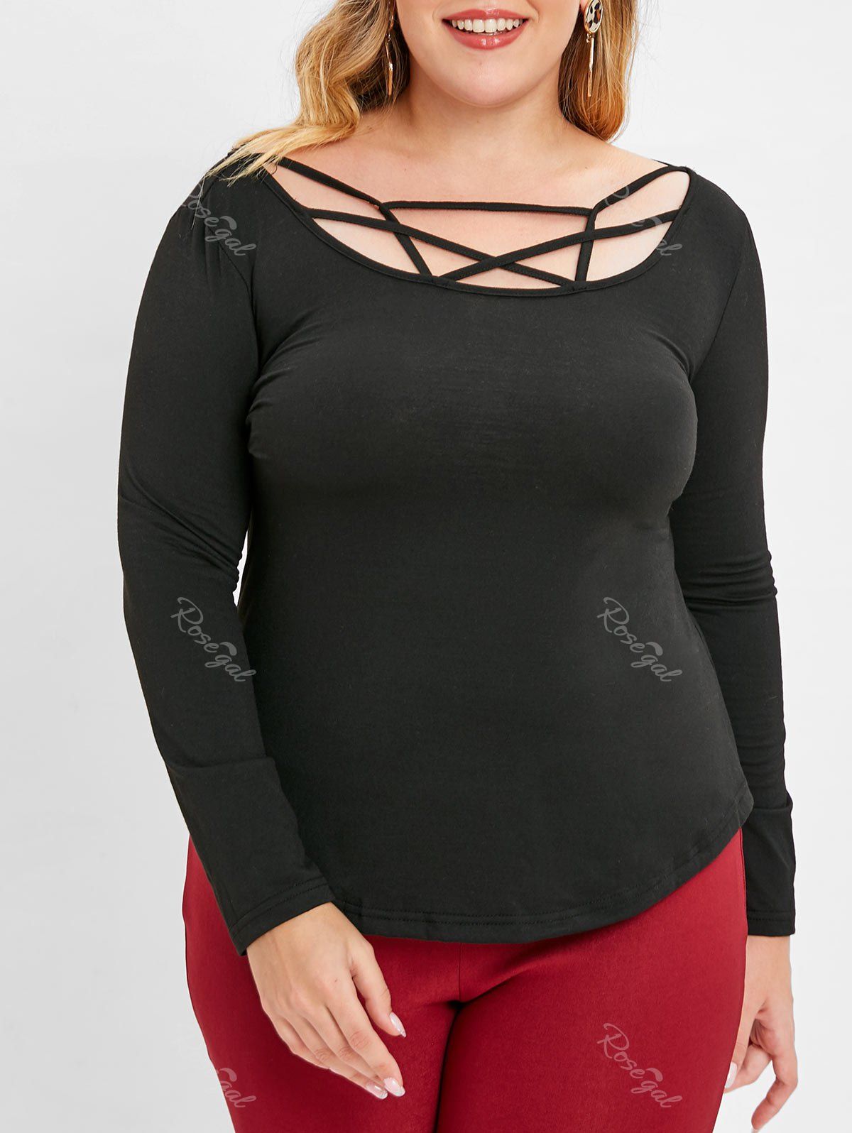 

Plus Size Long Sleeve Cut Out T-shirt, Black