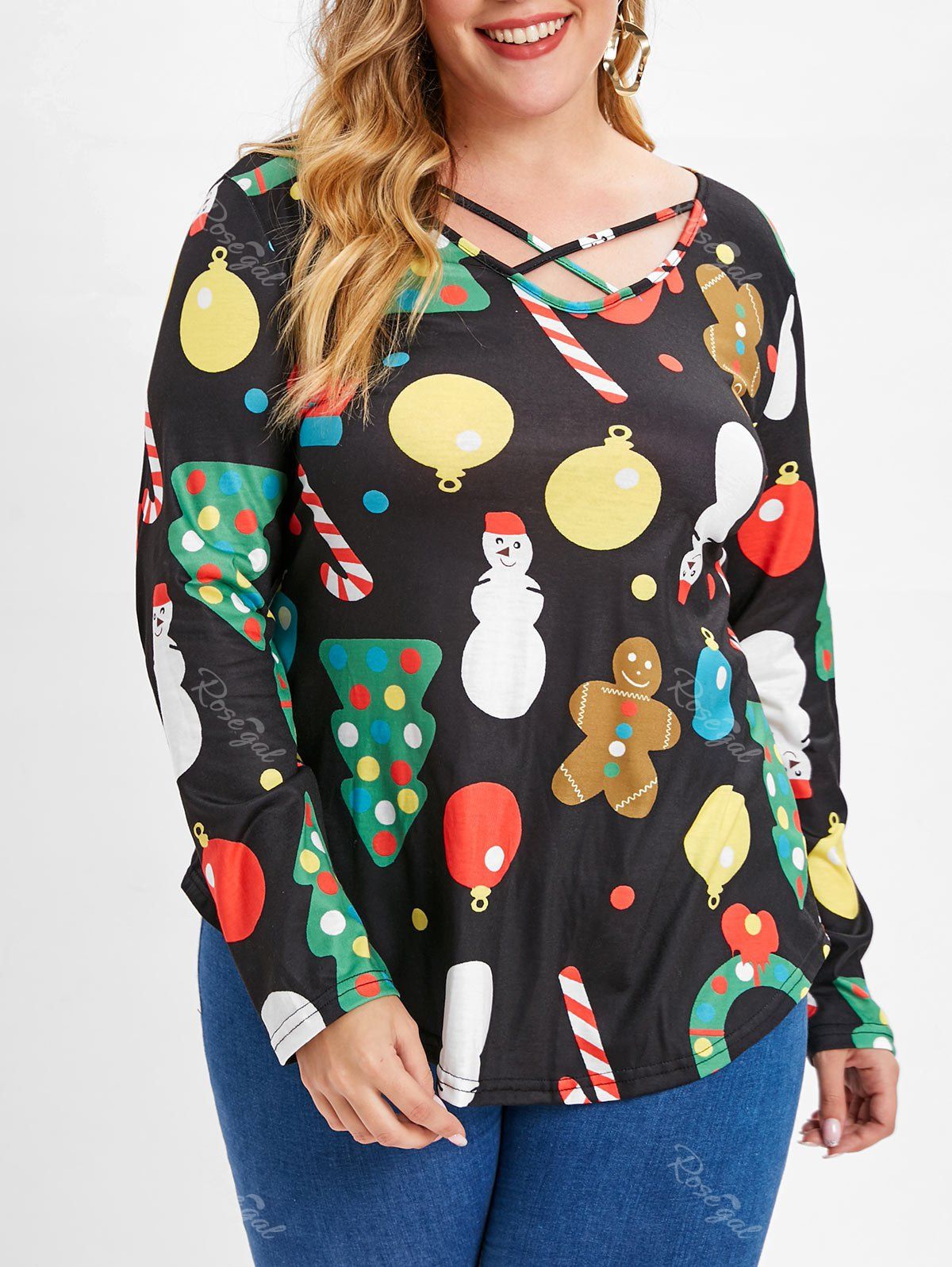 

Criss Cross Plus Size Christmas Print T-shirt, Black