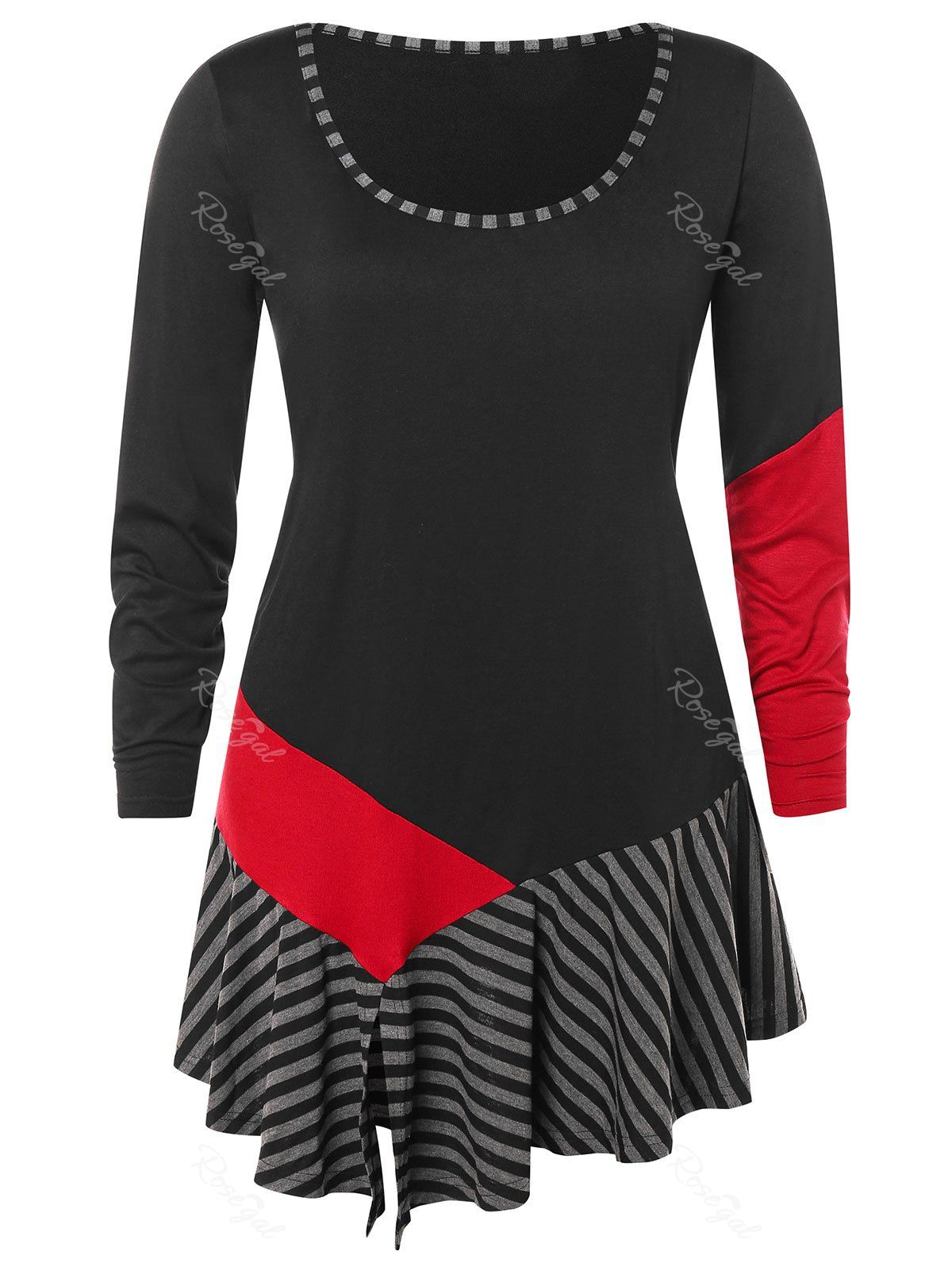 

Plus Size Side Split Striped Flare T-shirt, Black