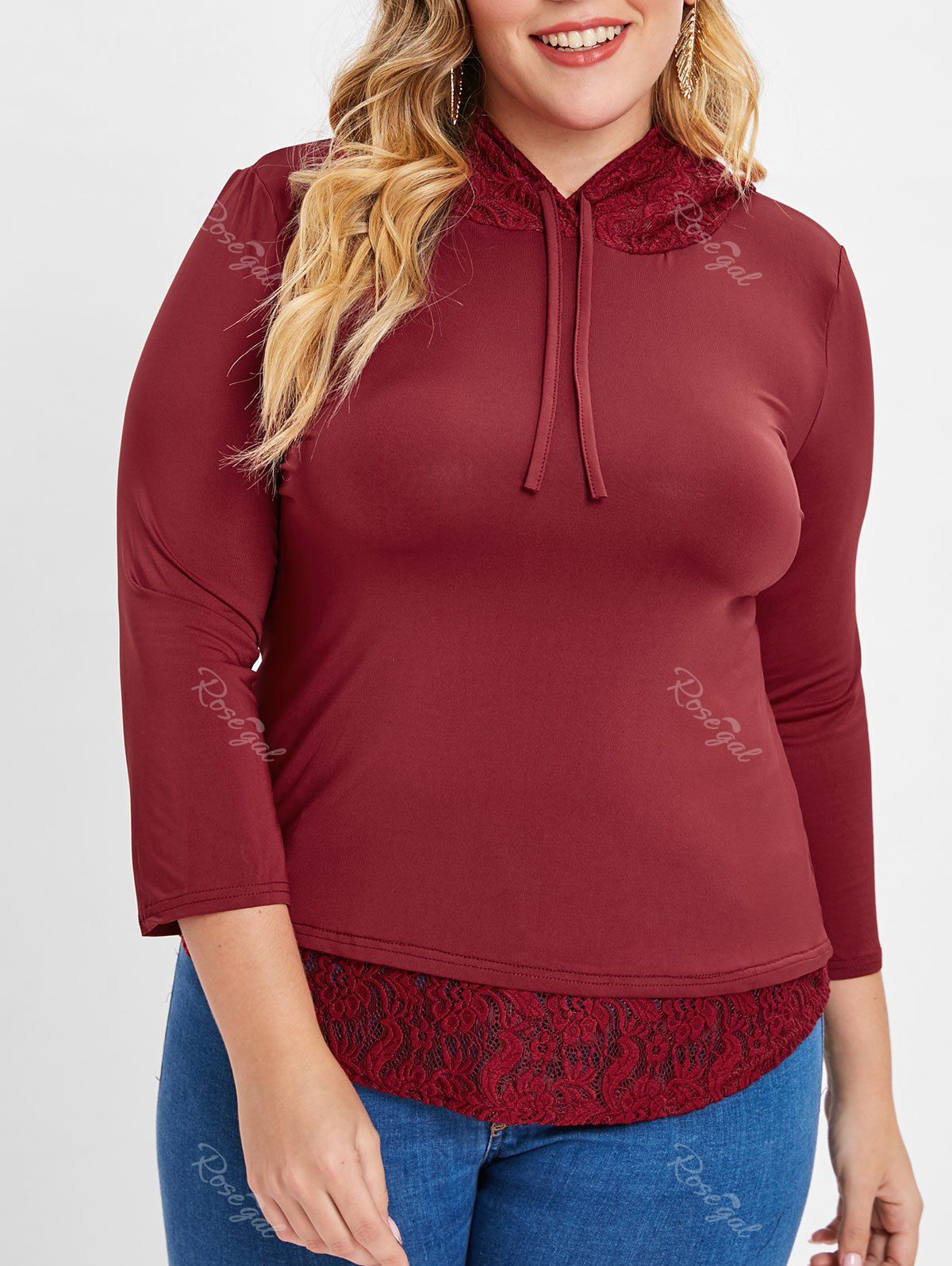 

Plus Size Lace Trim Hooded T-shirt, Red wine
