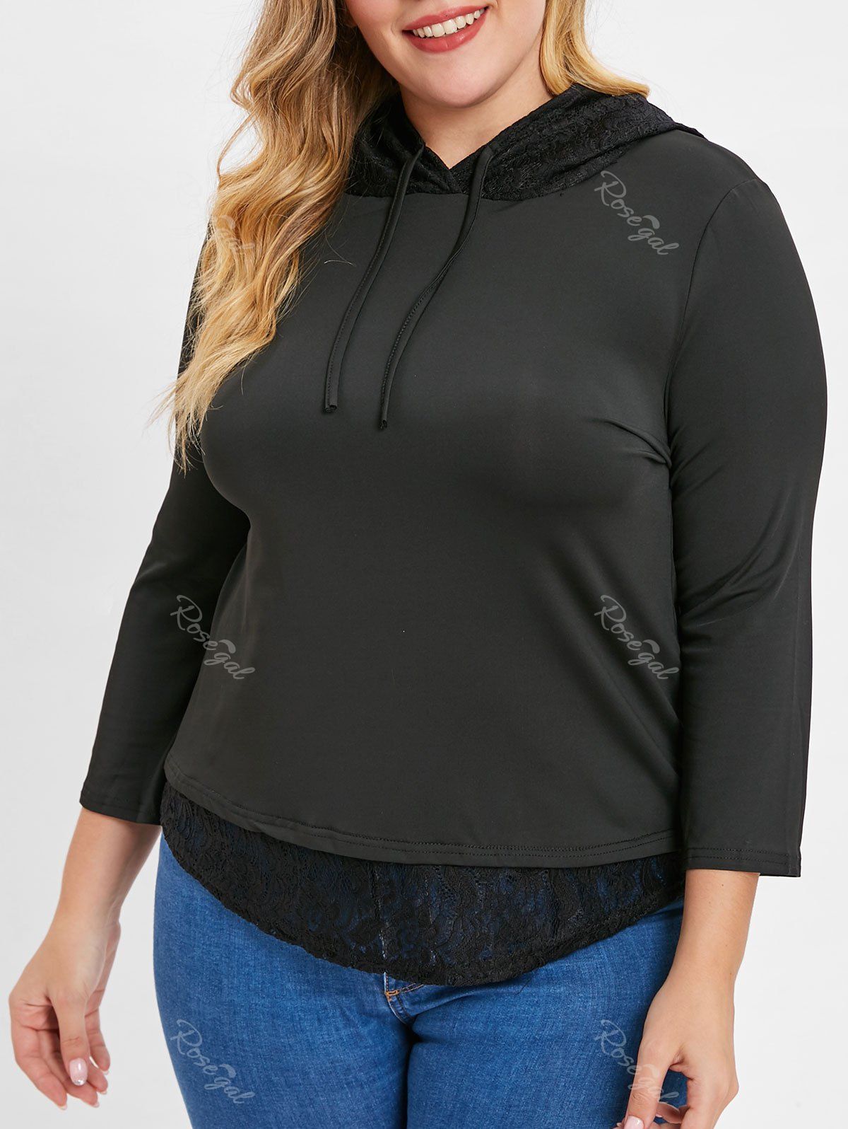 

Plus Size Lace Trim Hooded T-shirt, Black