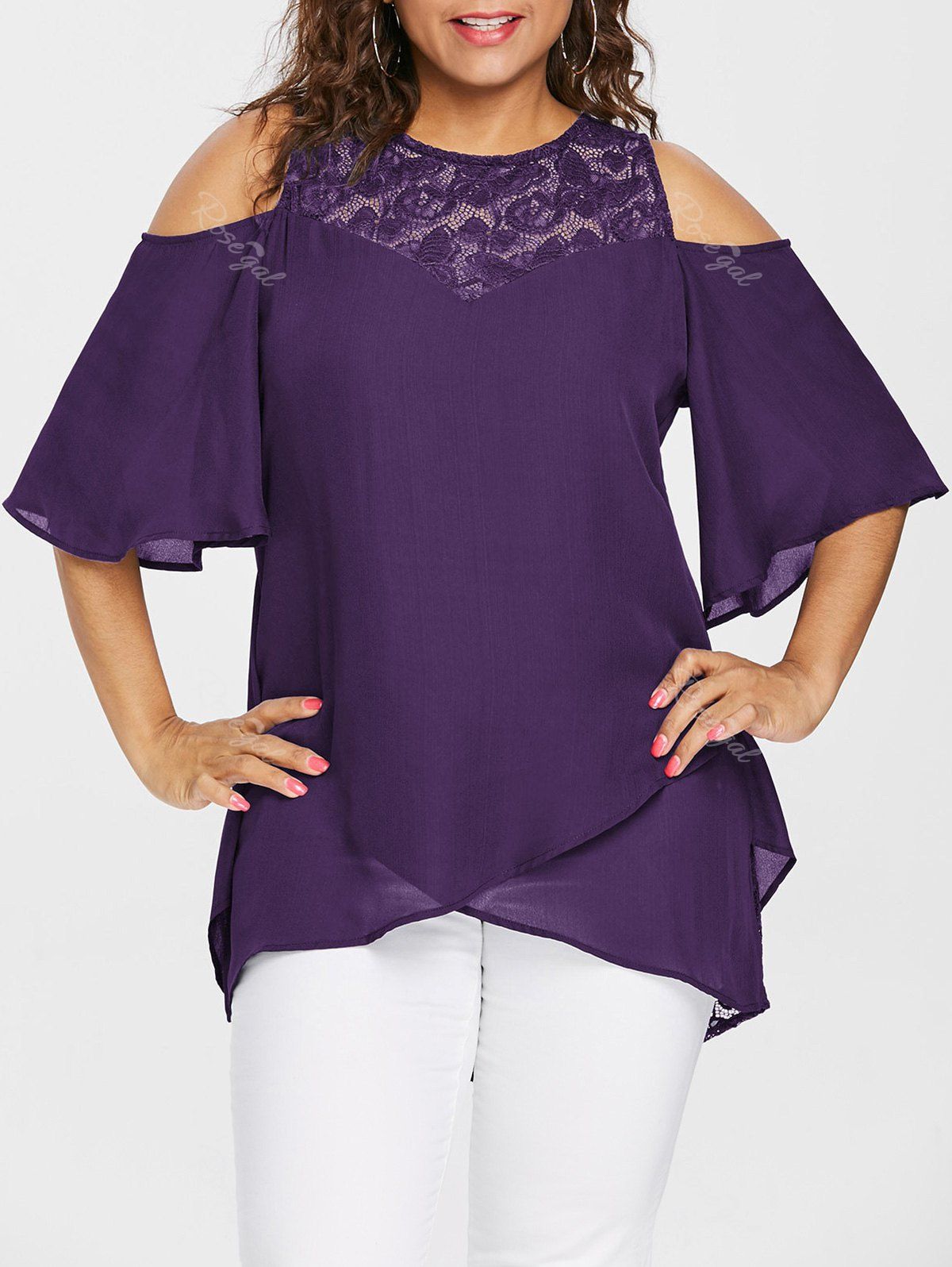 

Plus Size Lace Cold Shoulder Overlap Blouse, Violet