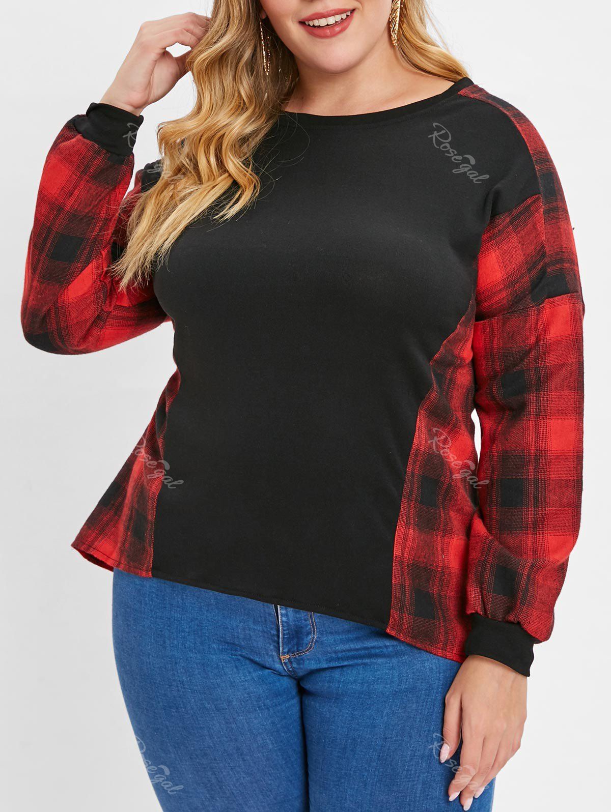 

Plus Size Plaid Panel Asymmetric Pullover Sweatshirt, Black