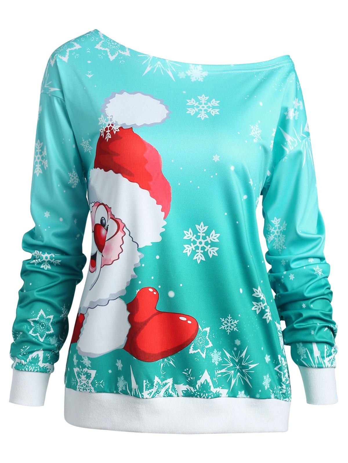 

Christmas Santa Claus Print Skew Neck Sweatshirt, Medium turquoise