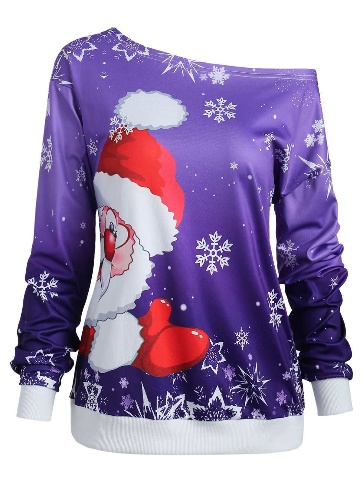 

Christmas Santa Claus Print Skew Neck Sweatshirt, Purple iris