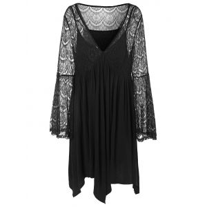 

Plus Size Plunge Flare Sleeve Lace Panel Dress, Black
