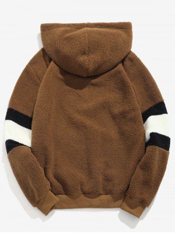 

ZAFUL Contrast Stripe Pouch Pocket Pullover Fluffy Hoodie, Brown