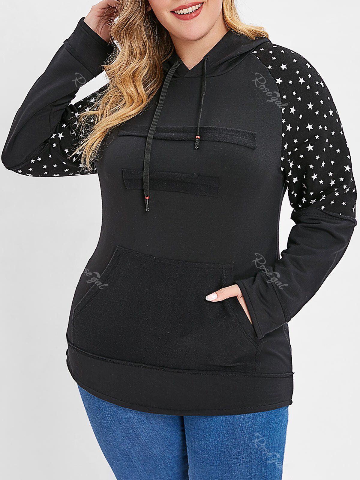 

Plus Size Star Raglan Sleeve Hoodie, Black