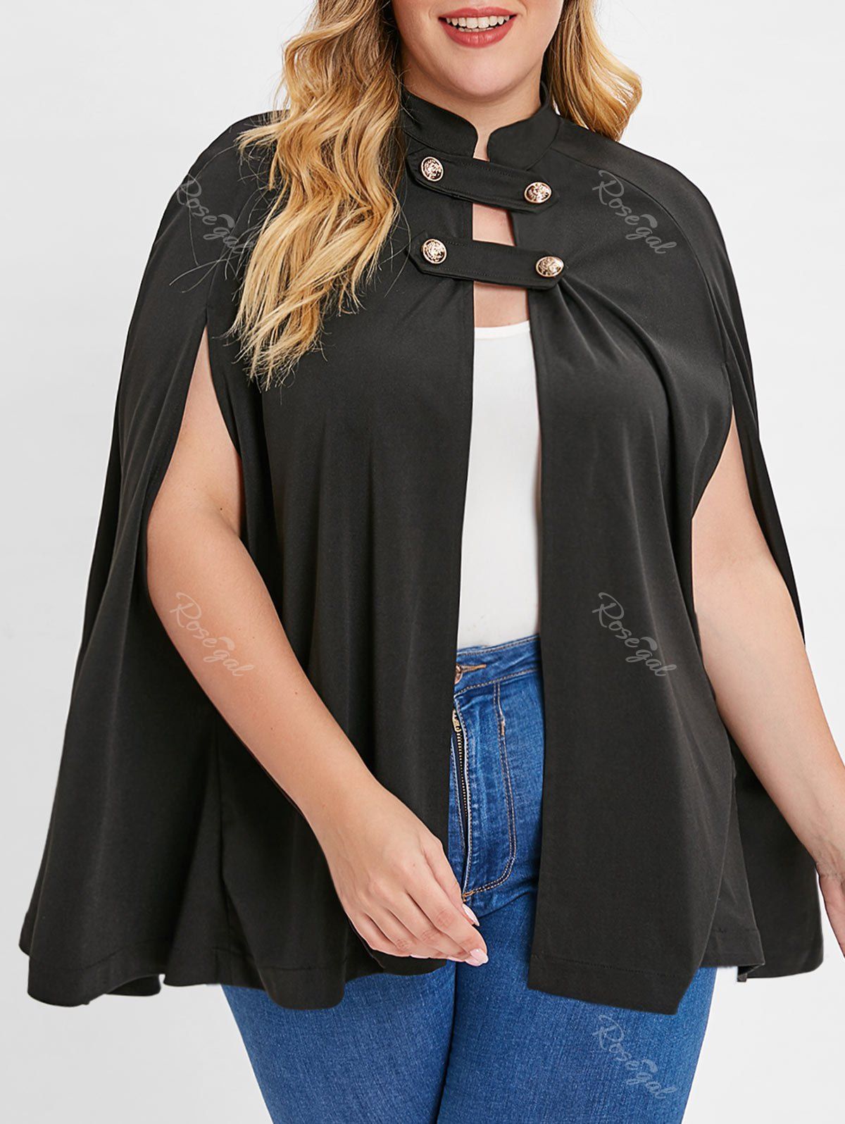 

Plus Size Solid Color Button Fly Cape Coat, Black