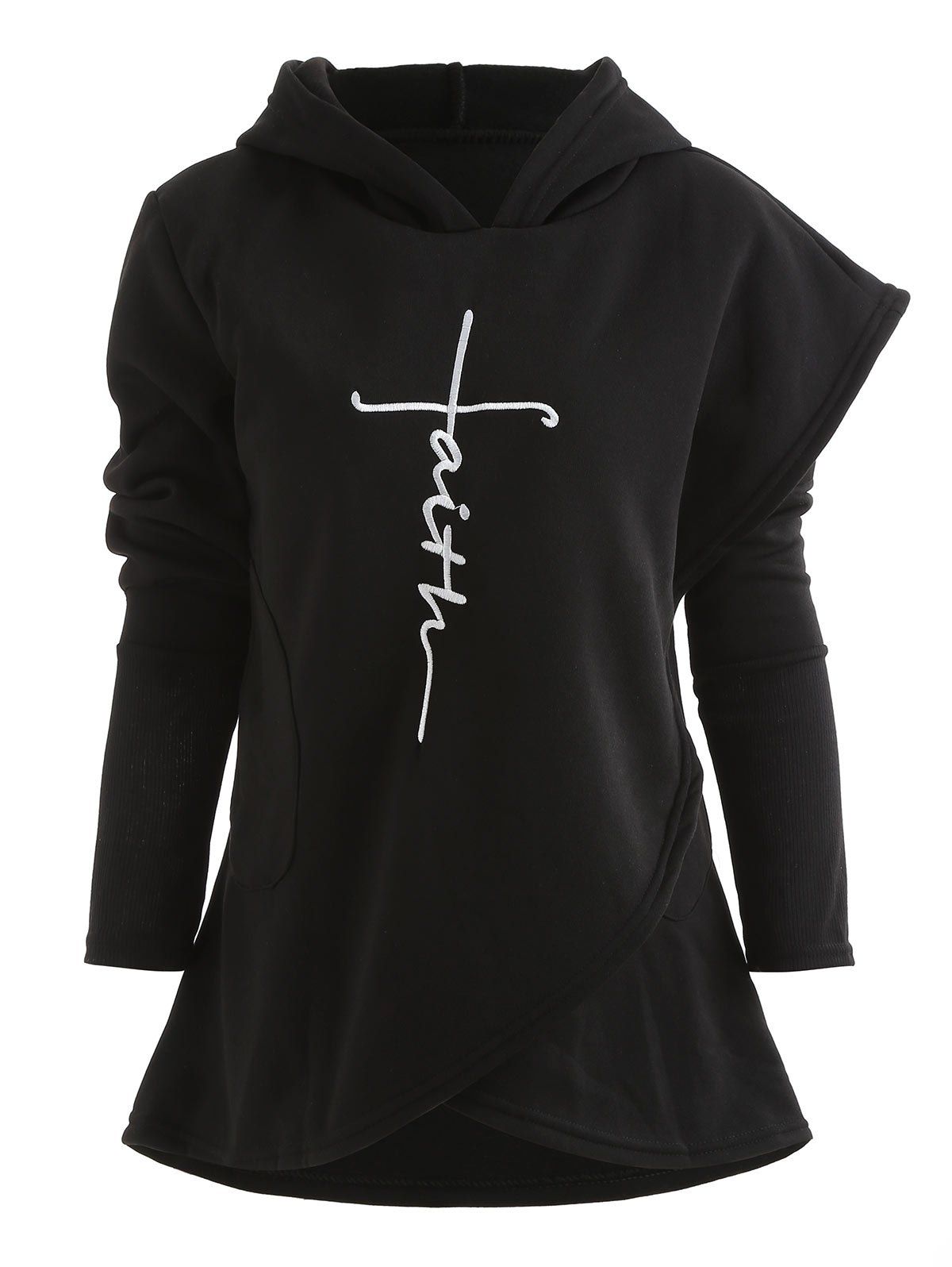 

Letter Embroidered Fleece Wrap Hoodie, Black