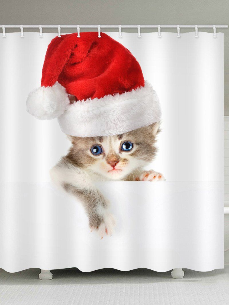 

Christmas Hatted Cat Print Waterproof Shower Curtain, Multi