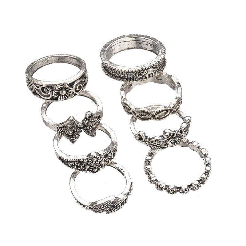 

Artificial Crystal Floral Design Rings Set, Silver