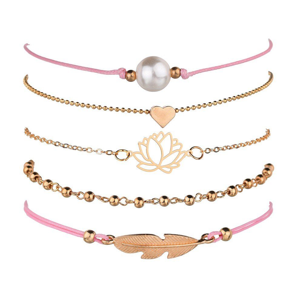 

Heart Shaped Leaf Beaded Alloy Bracelet Set, Multi