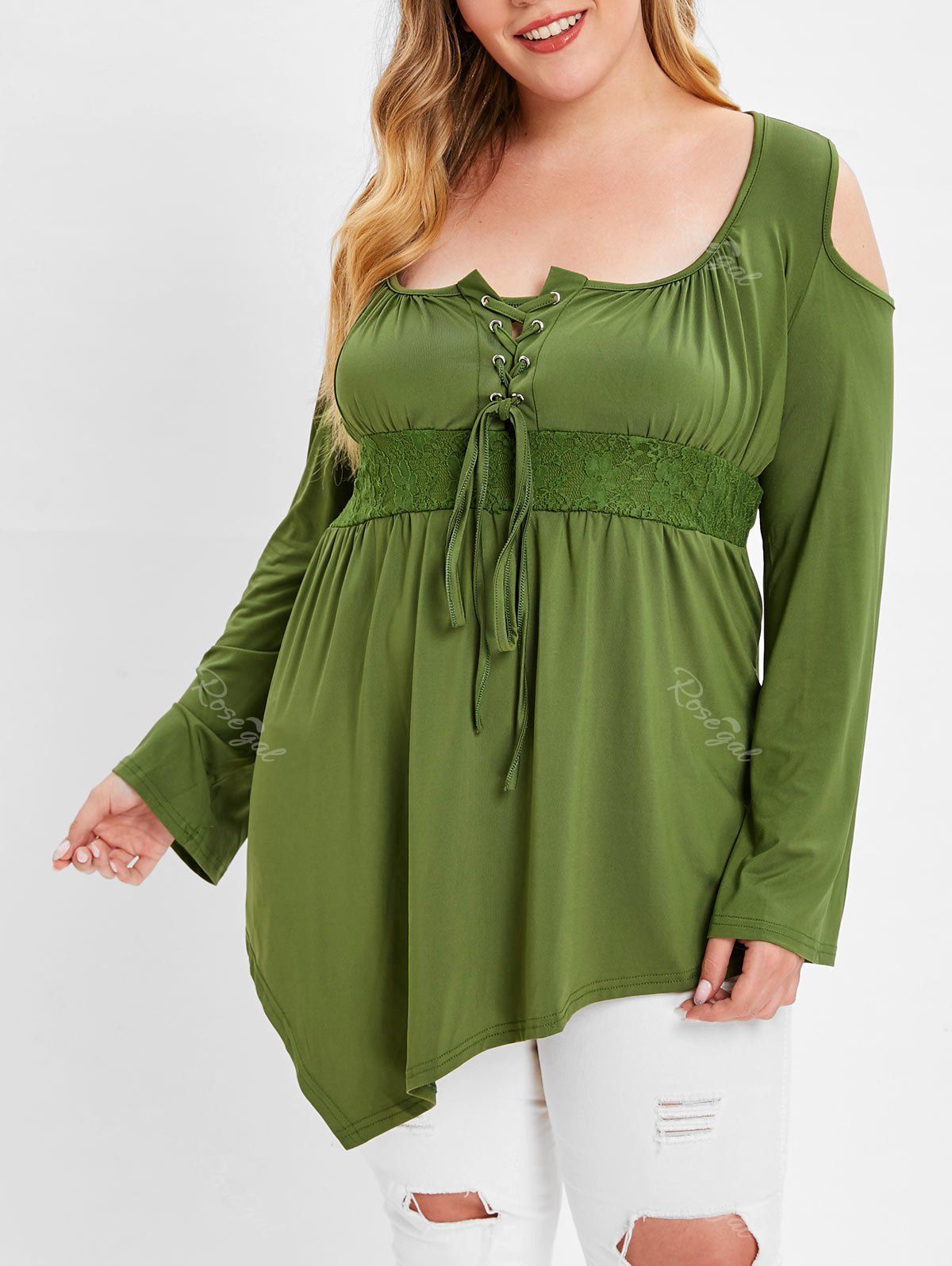 

Lace Up Plus Size Scoop Neck T-shirt, Army green