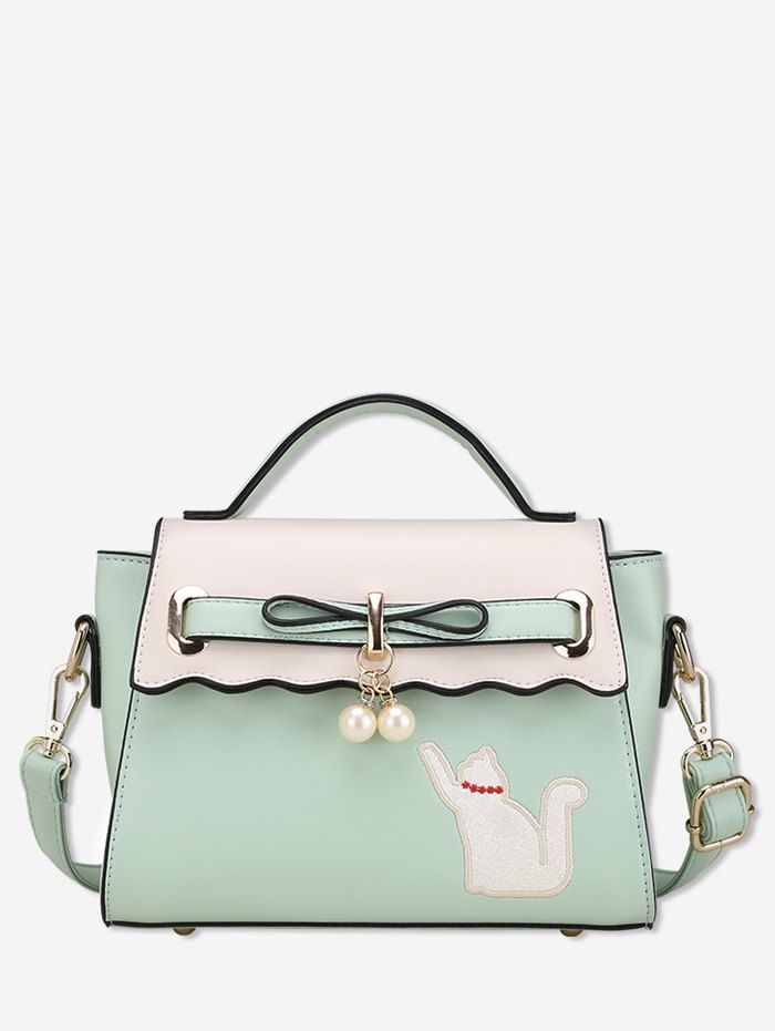

Cat and Artificial Pearl Design Tote Bag, Sea green