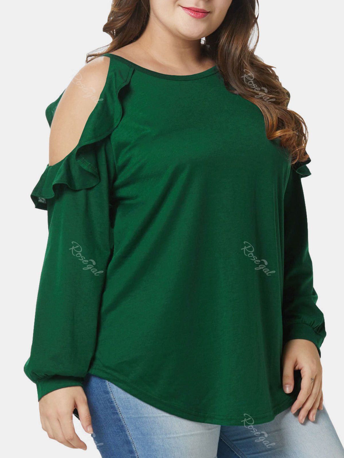 

Plus Size Long Sleeves Flounce Cutout Tee, Deep green