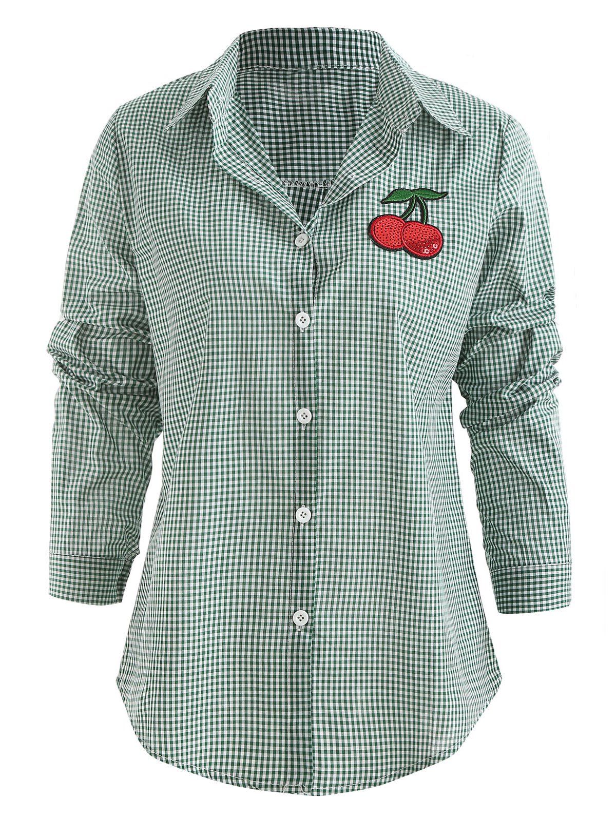 

Plaid Print Cherry Embroidered Shirt, Green